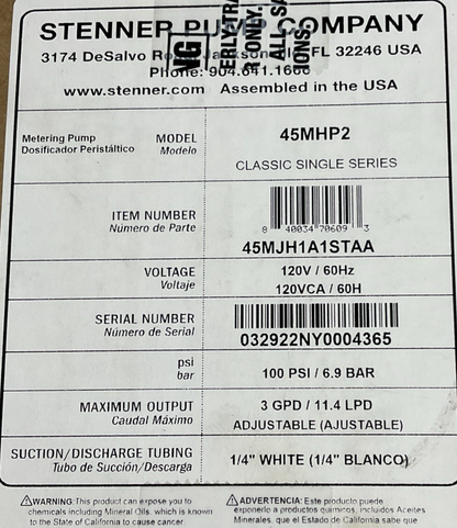STENNER 45MHP2 METERING PUMP 100PSI/6.9BAR 120VAC/60HZ 1/4"