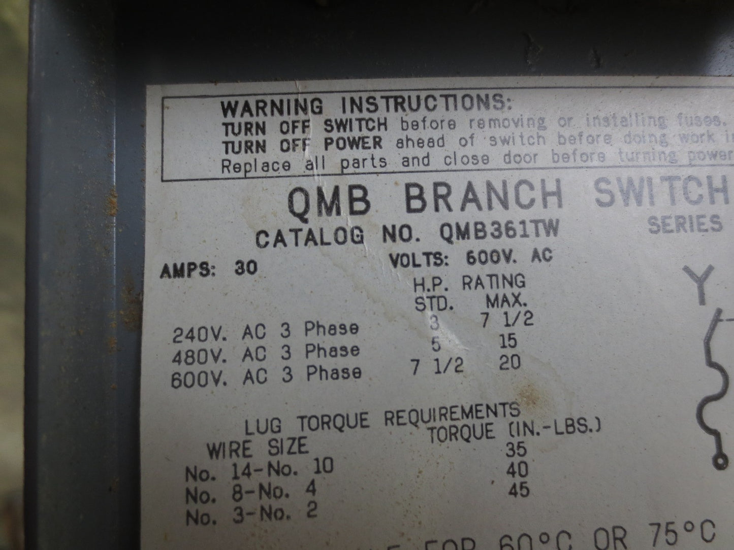 SQUARE D QMB361TW PANELBOARD SWITCH 30A, 600VAC 3-POLE