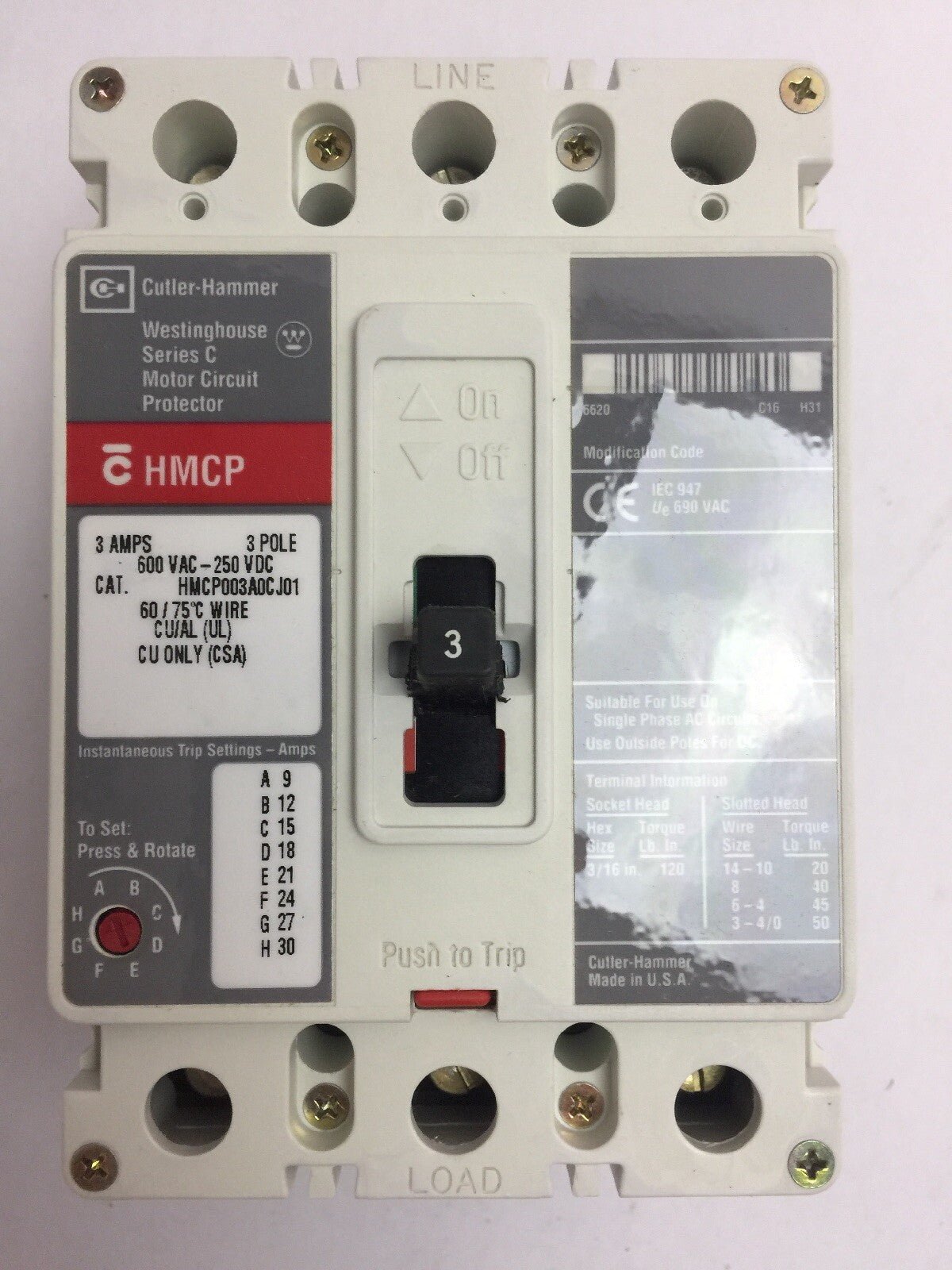 CUTLER HAMMER HMCP003A0CJ01 MOTOR CIRCUIT PROTECTOR 600VAC 250VDC 3AMP SERIES C