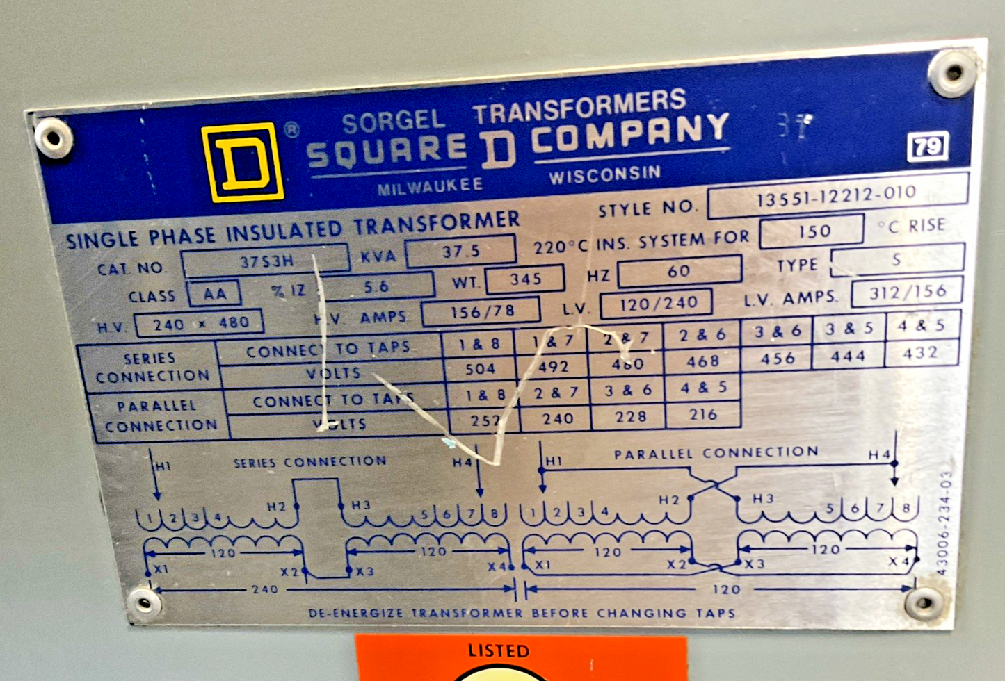 SQUARE D 37S3H TRANSFORMER H.V.120-480V L.V.120-240 37.5KVA CLASS AA 60HZ TYPE S