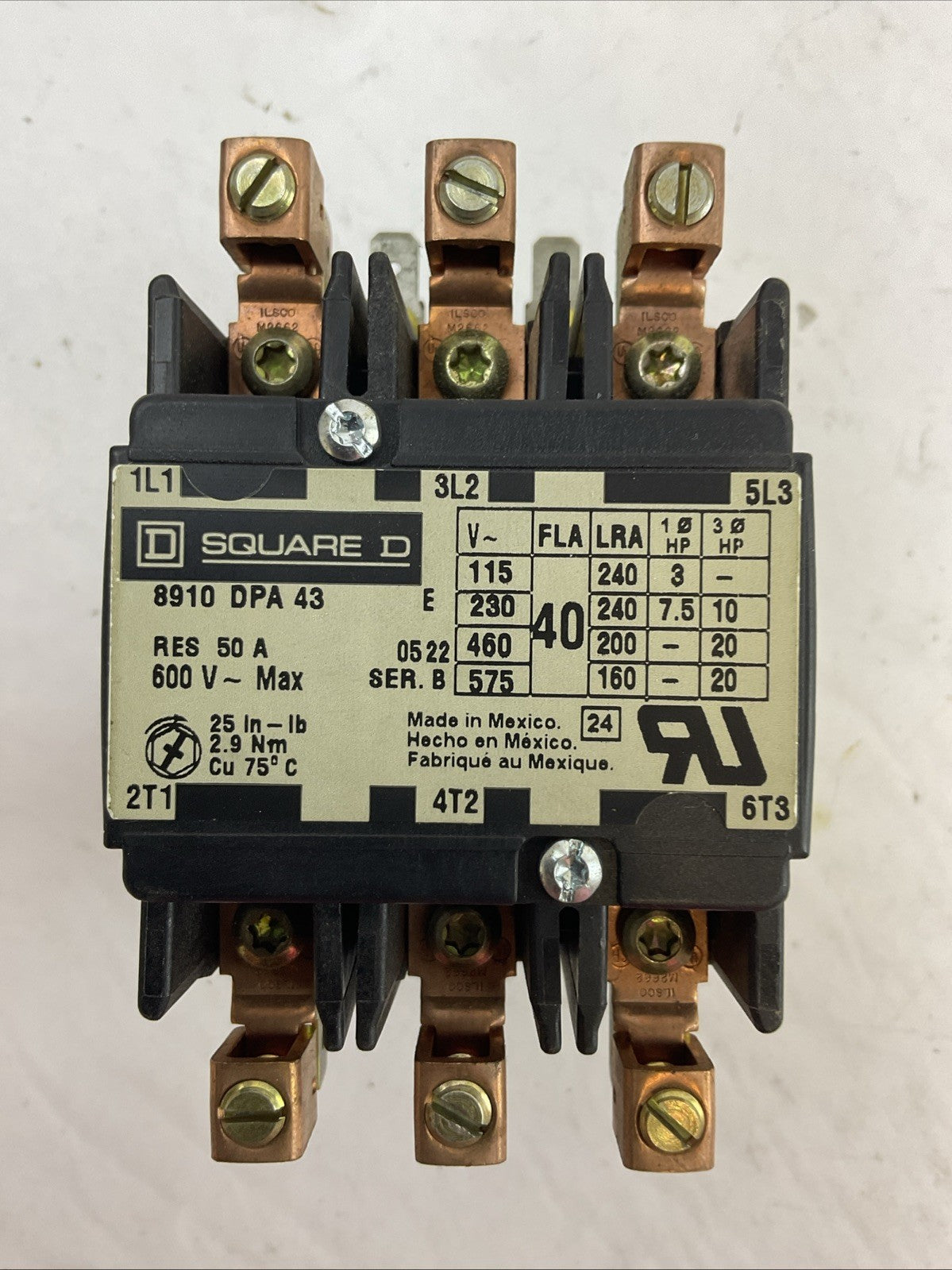 SQUARE D 8910DPA43V14 SER B 600VAC 50A 20HP CONTACTOR 9998 DA1V14 24V COIL