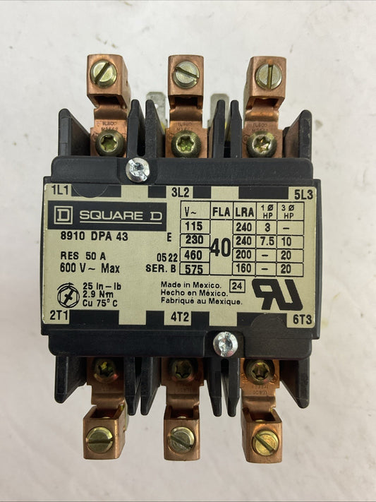 SQUARE D 8910DPA43V14 SER B 600VAC 50A 20HP CONTACTOR 9998 DA1V14 24V COIL