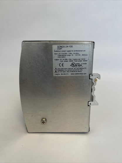 SOLA 20-24-100 OVP POWER SUPPLY OUTPUT 24-28VDC 20A INPUT 115/230VAC12/6A