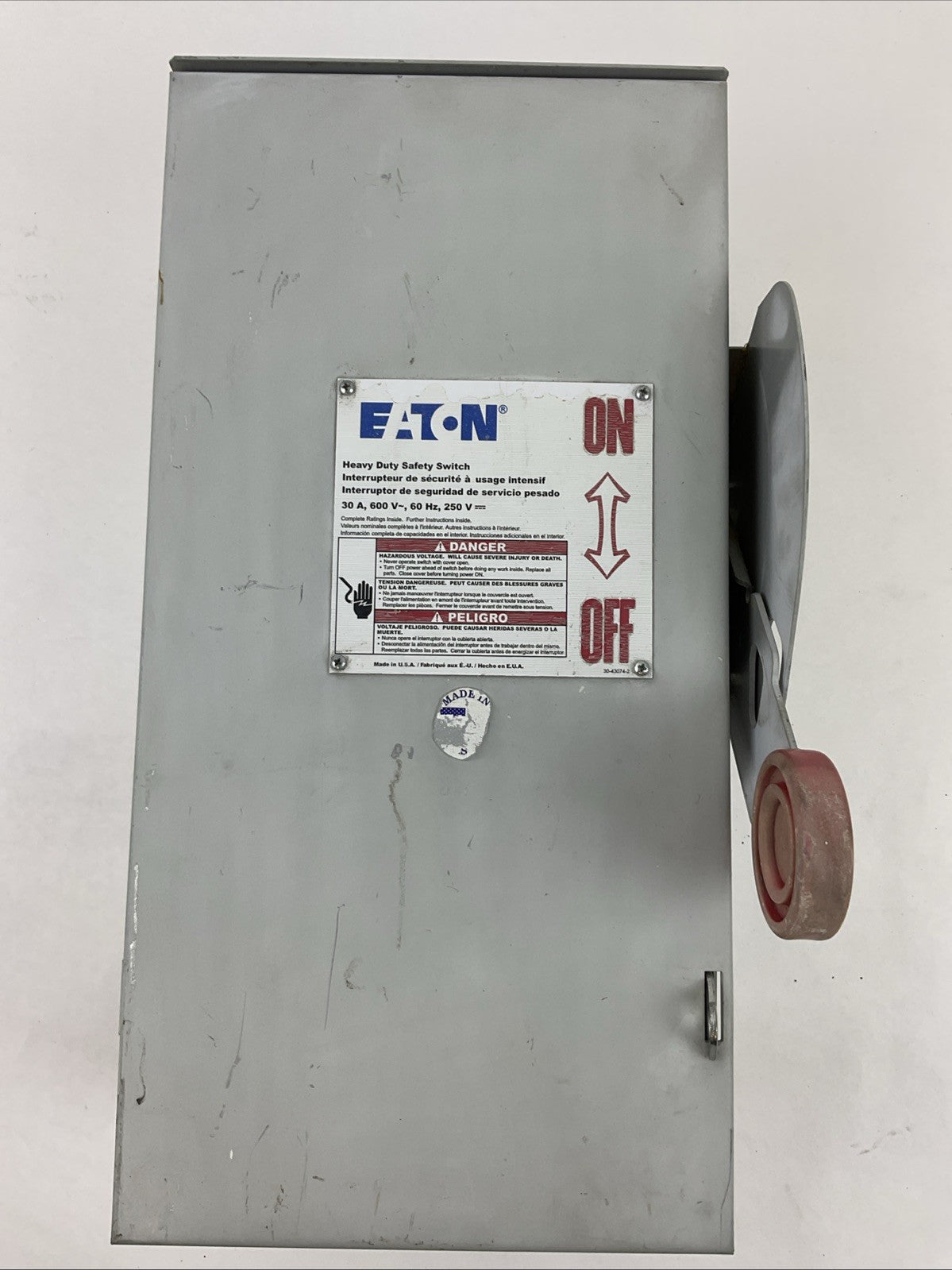 EATON DH361URK 600VAC 30HP 30A 250VDC 5HP NON-FUSIBLE SAFETY SWITCH TYPE 3R