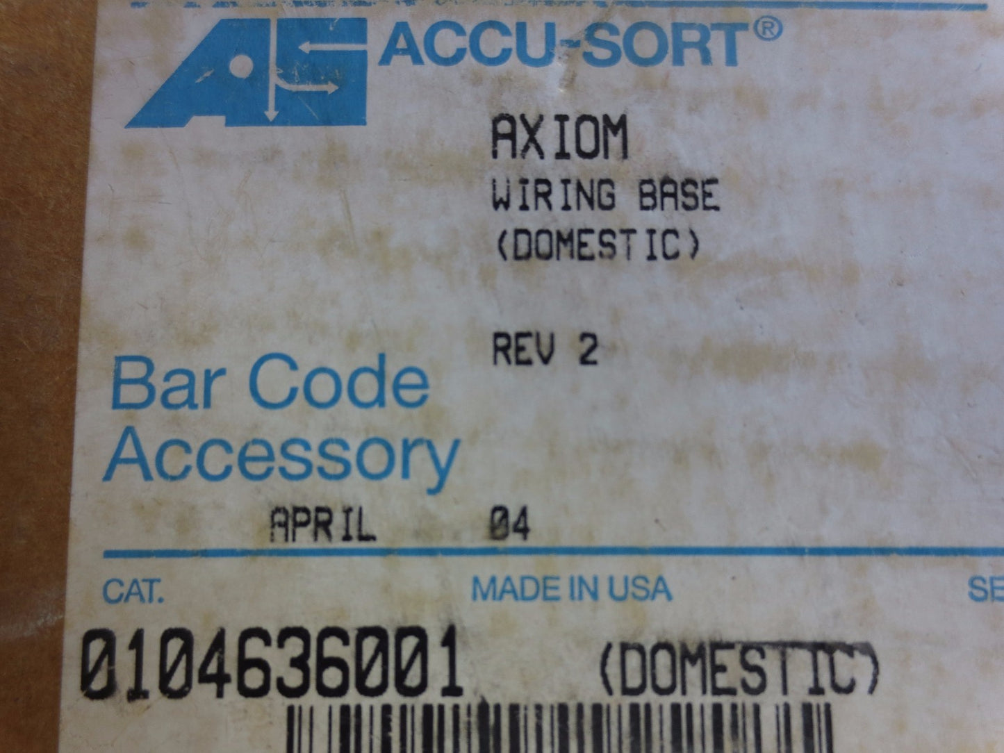 ACCU-SORT 0104636001 Rev. 2 AXIOM WIRING BASE, LASER BAR CODE SCANNER US VERSION