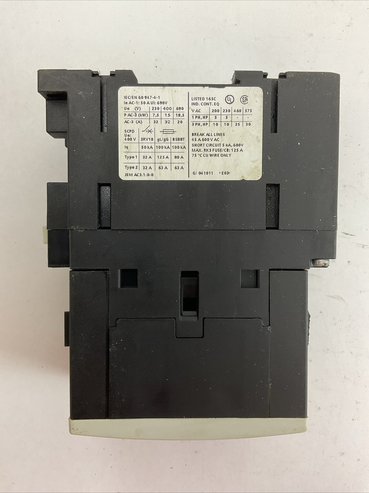 SIEMENS 3RT1034-1BB44 CONTACTOR 45A 600VAC 3PH 30HP COIL 24VDC