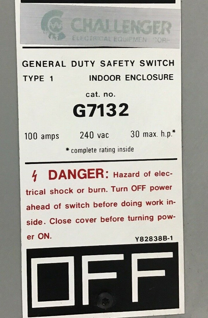 FEDERAL PACIFIC/CHALLENGER GEN DUTY SAFETY SWITCH G7132 100AMP 240VAC/250VDC