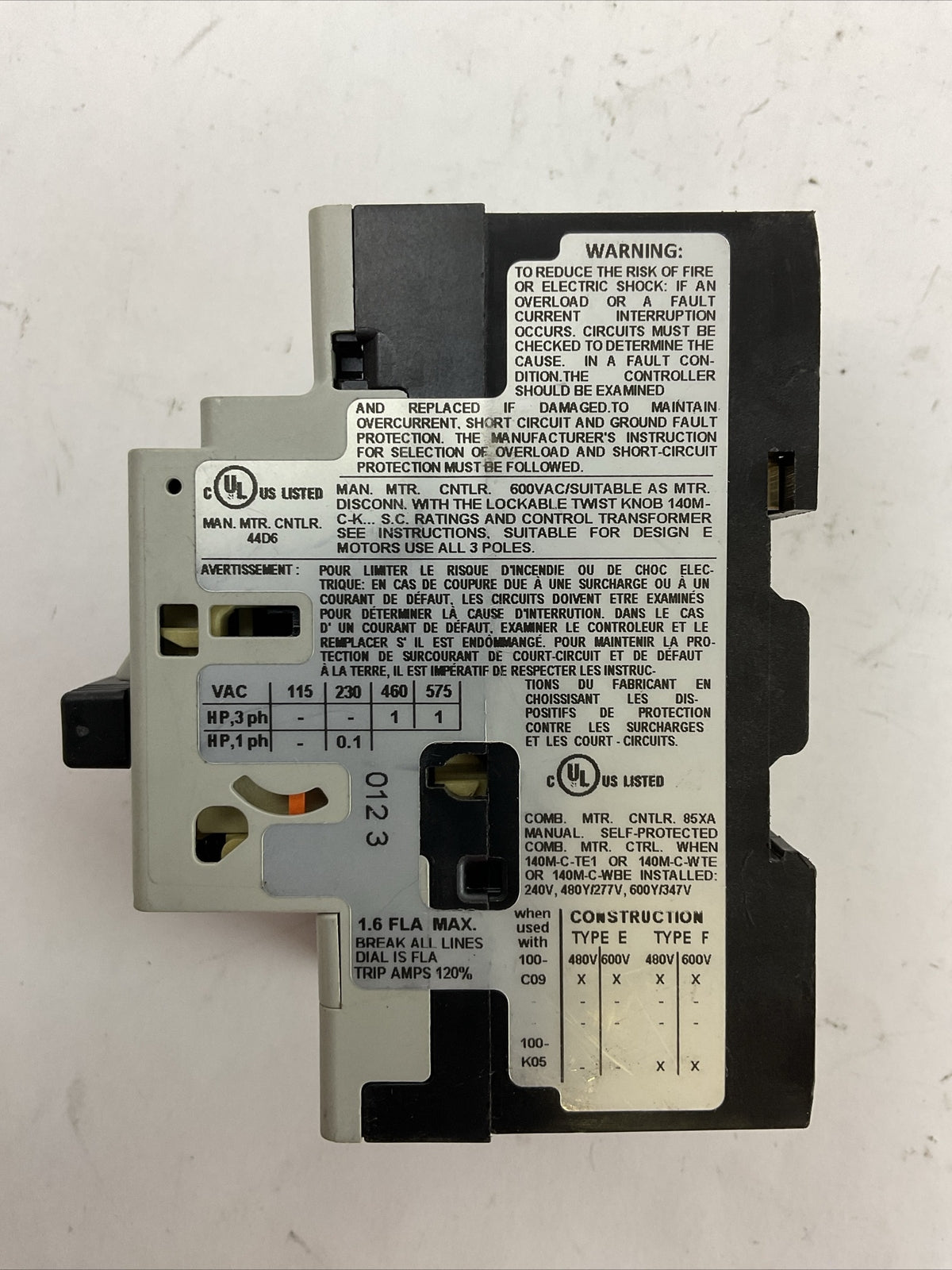 ALLEN BRADLEY 140M-C2E-B16 MOTOR PROTECTOR SER C 1.0-1.6A 600VAC 3PH 1HP