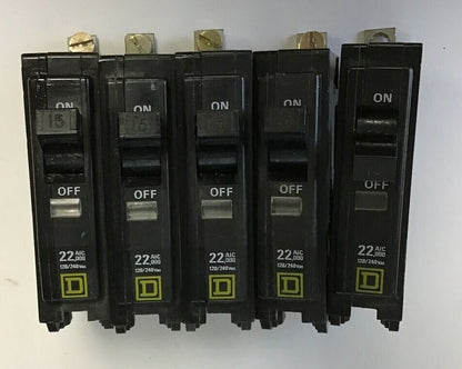 SQUARE D QOB115 22KA CIRCUIT BREAKER 15A 120/240VAC 1POLE****LOTOF5****