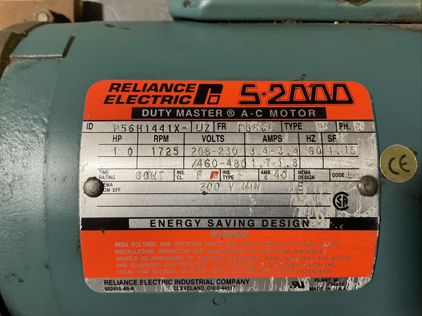 RELIANCE ELECTRIC P56H1441X-UZ MOTOR 1HP 1725RPM 3.4A 208-230/460-480V MR94619L1