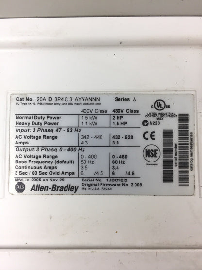 ALLEN BRADLEY POWER FLEX 70 20A D 3P4 C 3 AYYANNN SERIES A 3 PHASE 480 V