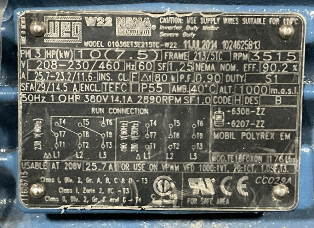 WEG 01036ET215TC-W22 MOTOR 3PH 10HP 3515RPM 208-230/460V 60HZ