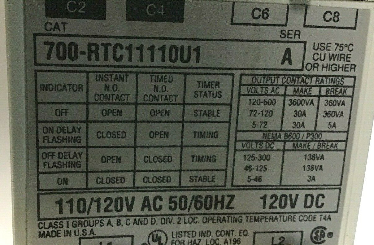 ALLEN BRADLEY 700-RTC11110U1 TIMING RELAY SER.A 110/120VAC 50/60HZ  120VDC