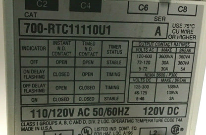 ALLEN BRADLEY 700-RTC11110U1 TIMING RELAY SER.A 110/120VAC 50/60HZ  120VDC
