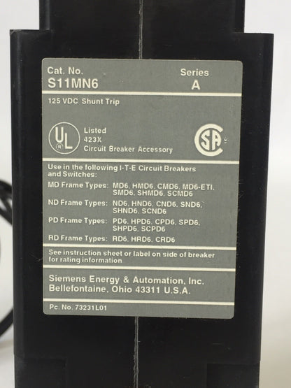 SIEMENS S11MN6 SER A 125VDC SHUNT TRIP CIRCUIT BREAKER ACCESSORY