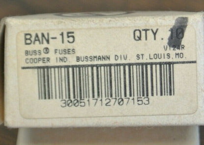 BOX of 5 / BUSS BAN-15 MIDGET FUSE / 15A / 250V / NEW SURPLUS / BAN15
