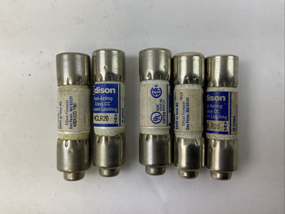 EDISON HCLR20 FAST-ACTING CURRENT LIMITING CLASS CC FUSE 20AMP 600VAC (LOT OF 5)