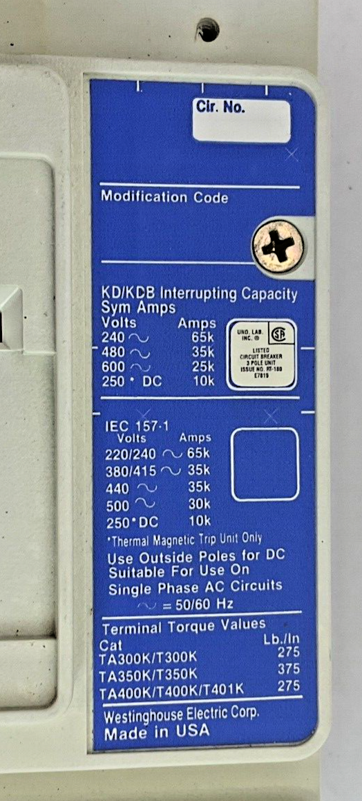 WESTINGHOUSE KDB3300W CIRCUIT BREAKER 600VAC 300A 3POLE KT3300T