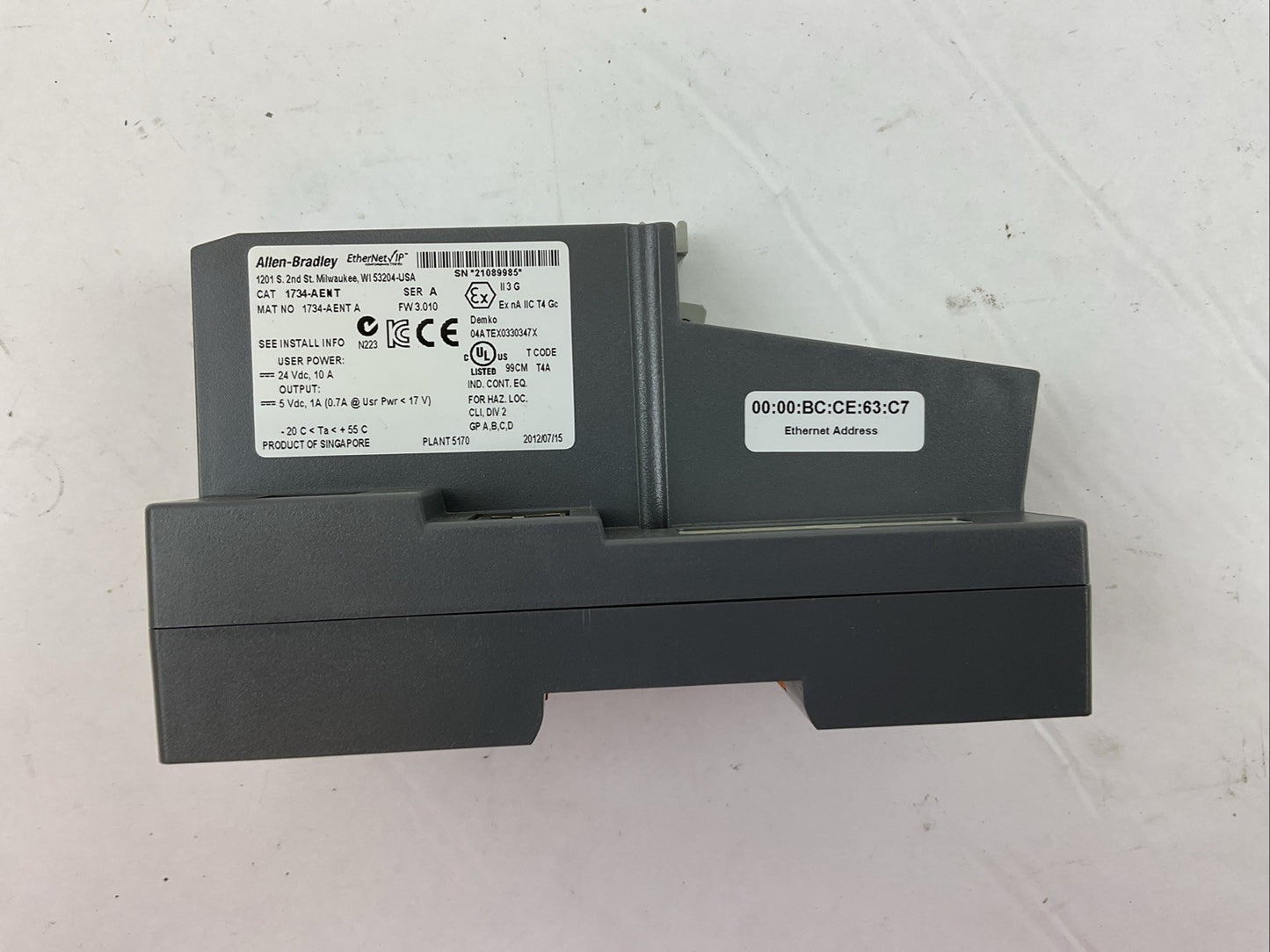 ALLEN BRADLEY 1734-AENT FW 3.010 SER A NETWORK ADAPTOR OUTPUT 5VDC 1A