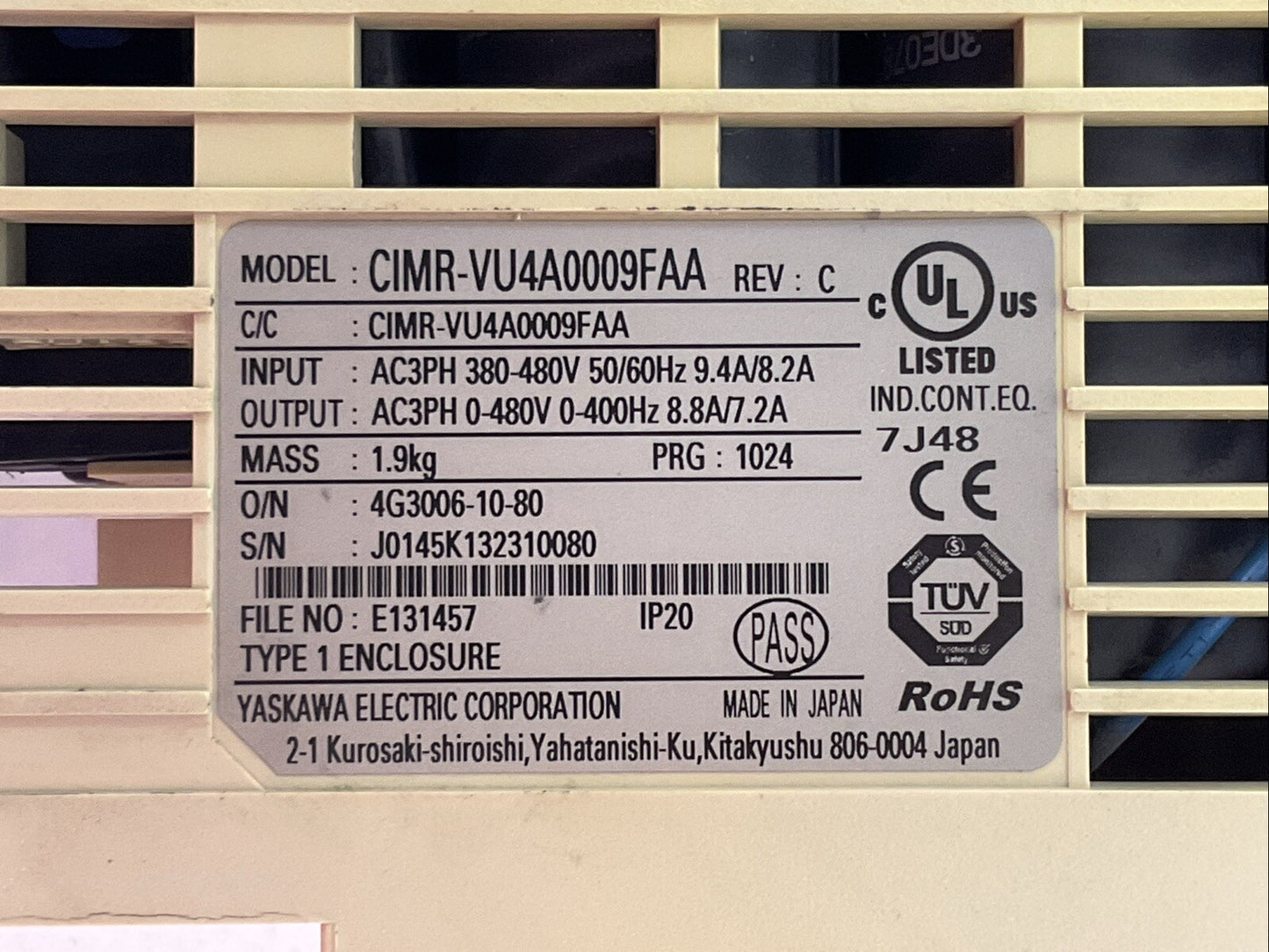 YASKAWA CIMR-VU4A0009FAA AC DRIVE OUTPUT 0-480VAC 3PH 8.8/7.2A INPUT 380-480VAC