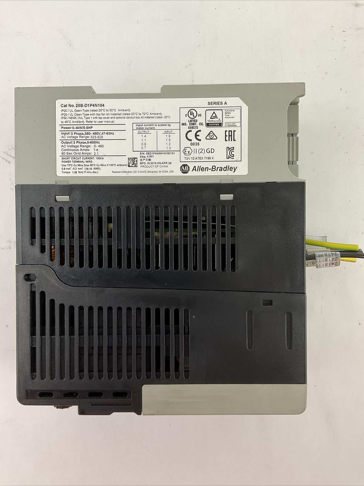 ALLEN BRADLEY 25B-D1P4N104 AC DRIVE FRN 4.001 SER A OUTPUT 0-460VAC