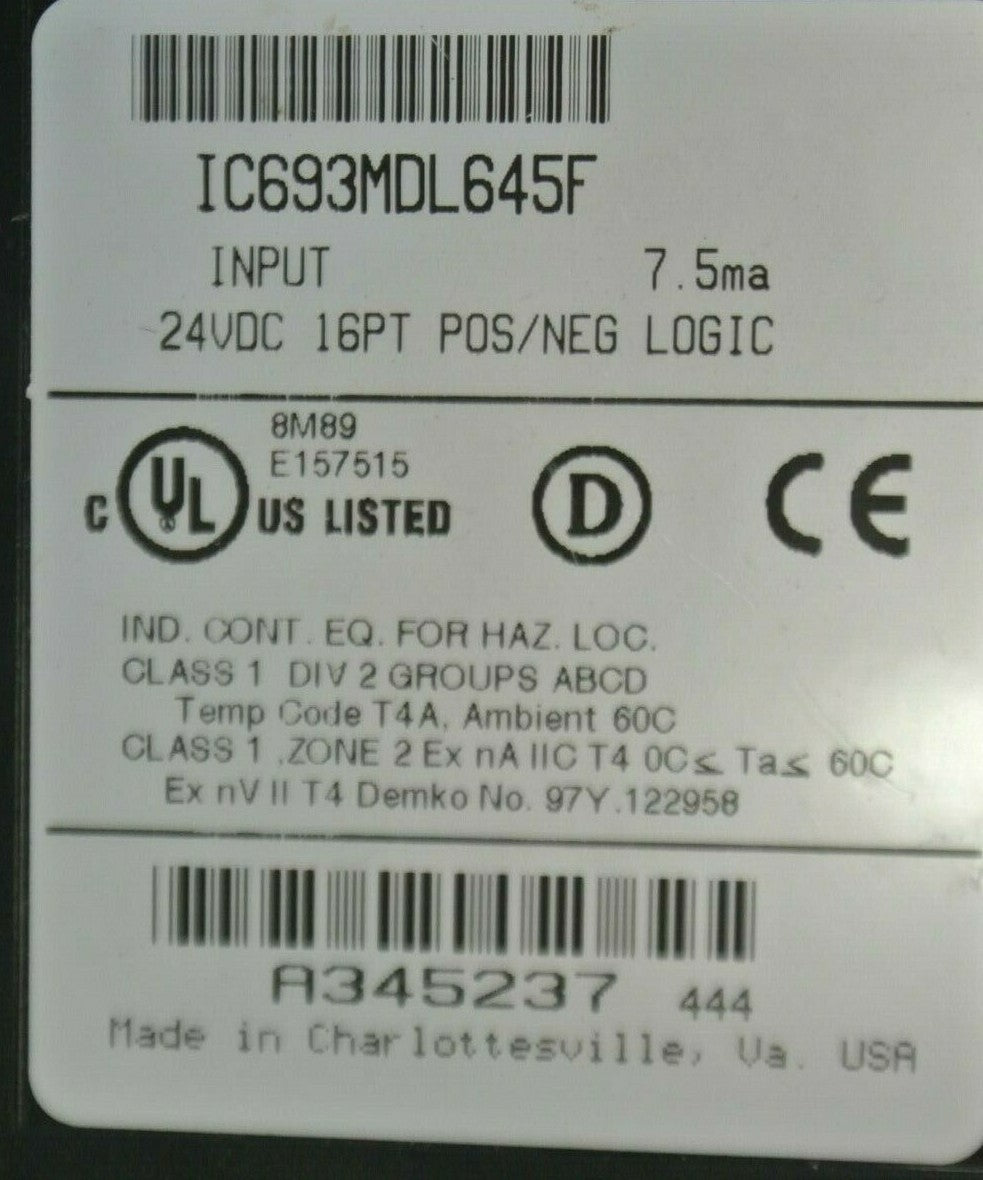 GE FANUC IC693MDL645F INPUT MODULE 24VDC 16PT POS/NEG LOGIC 7.5mA/Pt. - NO COVER