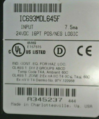 GE FANUC IC693MDL645F INPUT MODULE 24VDC 16PT POS/NEG LOGIC 7.5mA/Pt. - NO COVER