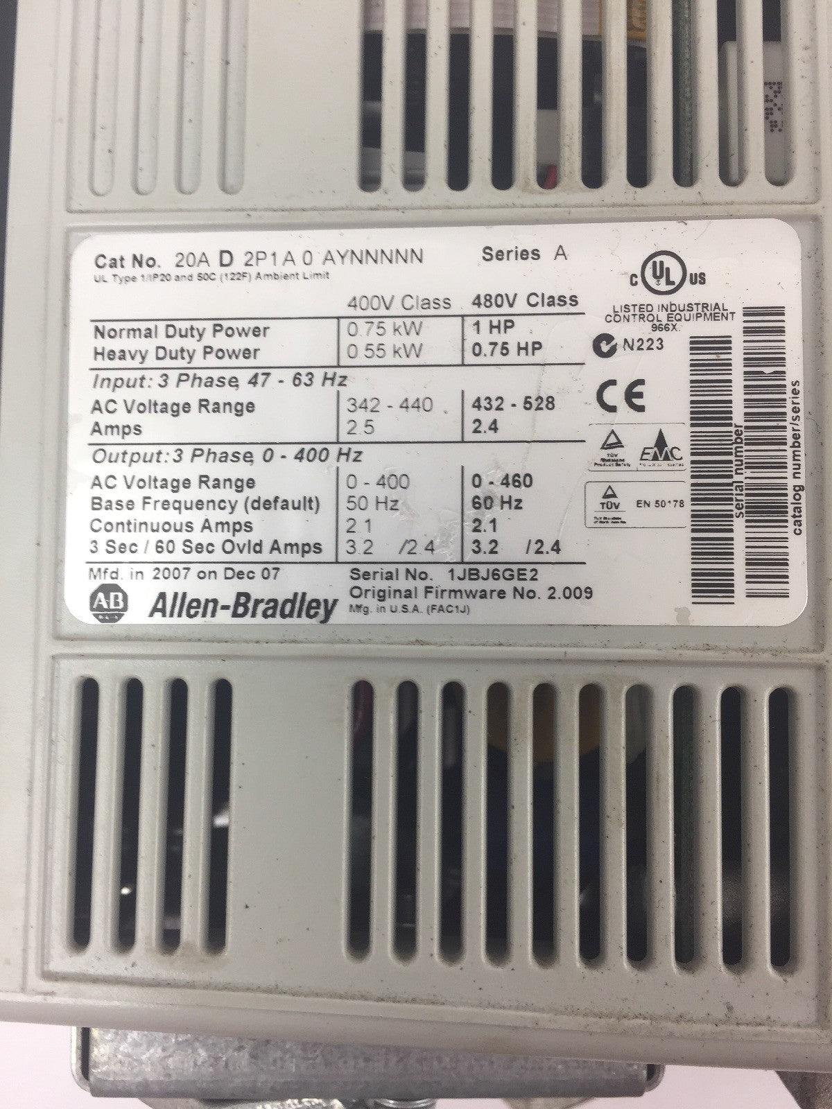 ALLEN BRADLEY 20AD2P1A0AYNNNNN AC DRIVE 3 PHASE 480V SERIES A
