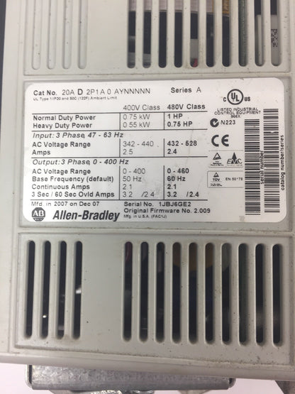 ALLEN BRADLEY 20AD2P1A0AYNNNNN AC DRIVE 3 PHASE 480V SERIES A