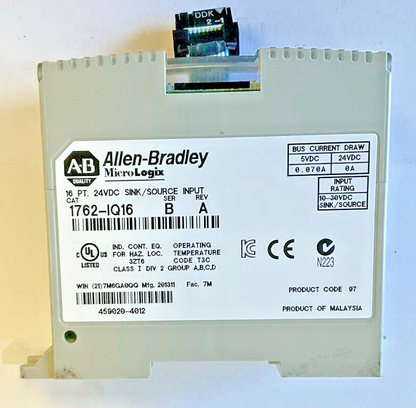 ALLEN BRADLEY 1762-IQ16 SINK/SOURCE INPUT SER.B REV.A 24VDC
