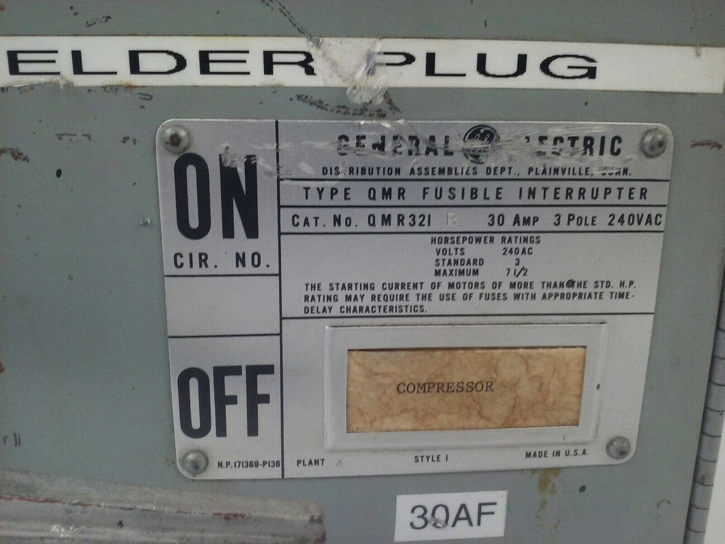 GE TYPE QMR QMR321L & QMR321R TWIN FUSIBLE INTERRUPTER SWITCH 30A  W/ HARDWARE