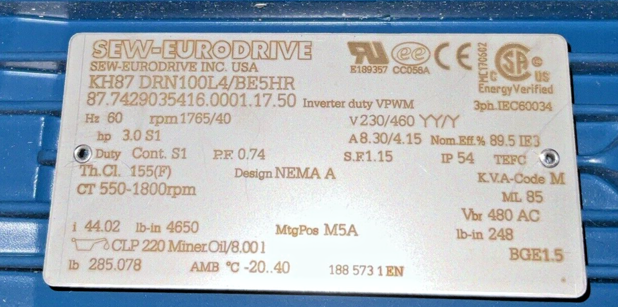 SEW-EURO DRIVE KH87 DRN100L4/BE5HR 3HP GEAR MOTOR 1765/40RPM 460V 60HZ 8.30A