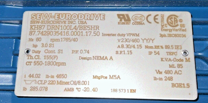 SEW-EURO DRIVE KH87 DRN100L4/BE5HR 3HP GEAR MOTOR 1765/40RPM 460V 60HZ 8.30A