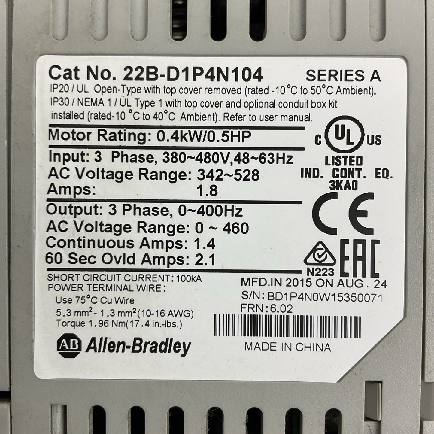 ALLEN BRADLEY 22B-D1P4N104 AC DRIVE SER A FRN: 6.02 POWER FLEX 40 0.4kW/0.5HP