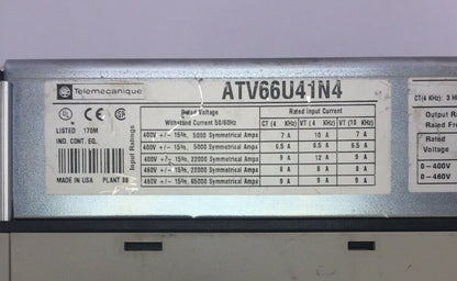 TELEMECANIQUE ATV66U41N4 VARIABLE SPEED DRIVE ALTIVAR 66 460VAC 3HP NO KEYPAD