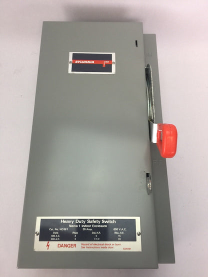 SYLVANIA HD361 FUSIBLE HEAVY DUTY SAFETY SWITCH 30AMP 480/600VAC 20HP 3 PHASE