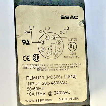SSAC PLMU11 VOLTAGE MONITOR RELAY 480VAC 50/60HZ