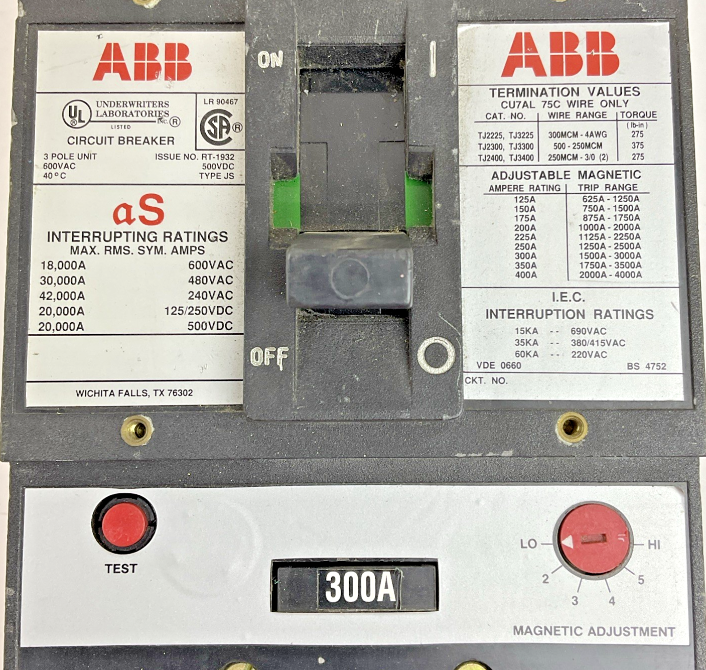 ABB MF868344 CIRCUIT BREAKER 300A TYPE JS 600VAC 500VDC 3POLE