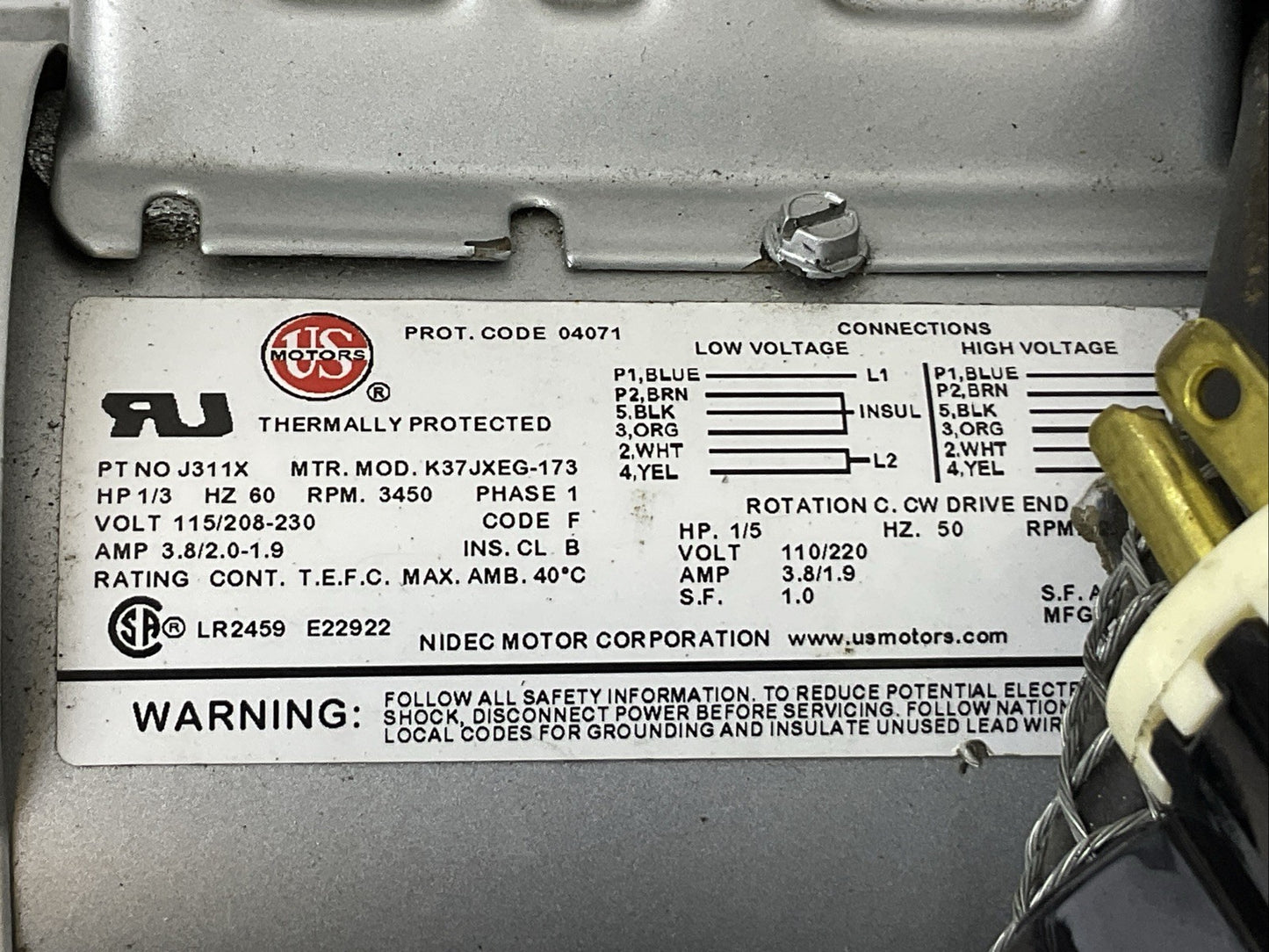 GAST RTEGENAIR R2103 UD MOTORS J311X K37JXEG-173 1/3HP 3450RPM 115/208-230V