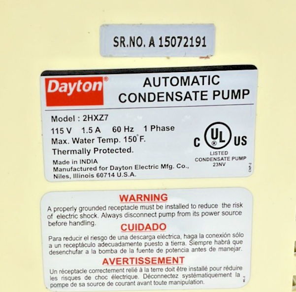 DAYTON 2HXZ7 AUTO CONDENSATE PUMP 115V 1.5A 60HZ 1PH