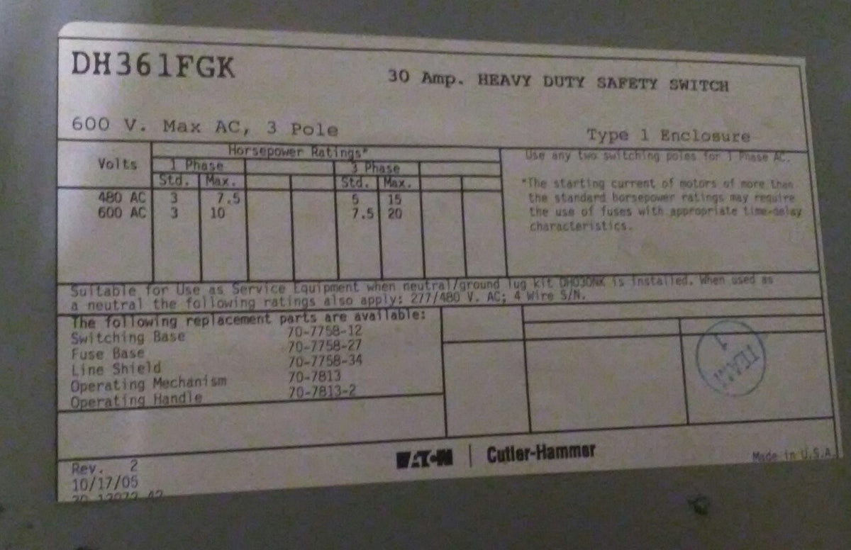 EATON CUTLER-HAMMER 600VAC 30A 3P HEAVY DUTY SAFETY SWITCH, DH361FGK*