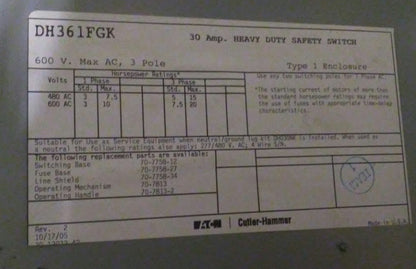 EATON CUTLER-HAMMER 600VAC 30A 3P HEAVY DUTY SAFETY SWITCH, DH361FGK*