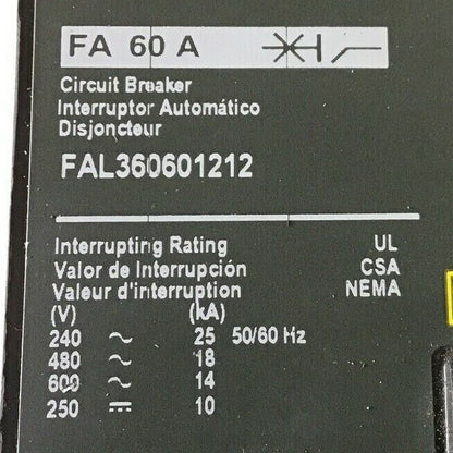 SQUARE D FAL360601212 60A CIRCUIT BREAKER 600VAC 250VDC