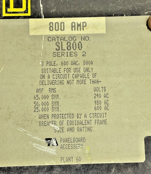 SQUARE D SL800 SUB-FEED LUG 800A 600VAC 3POLE SER.2