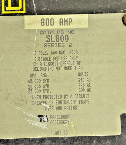 SQUARE D SL800 SUB-FEED LUG 800A 600VAC 3POLE SER.2