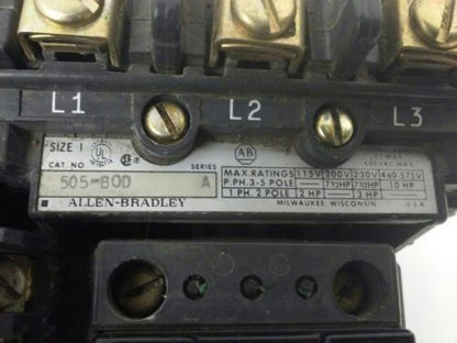 ALLEN BRADLEY 505-BOD, SER. A, REVERSING STARTER, SIZE 1, 600V, 120V COIL, USED