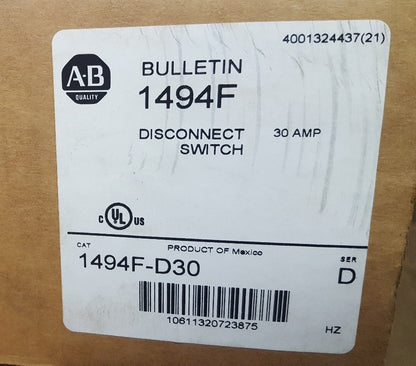 NEW Allen Bradley 1494F-D30 Open Disconnect Switch Block 30 Amps SER D