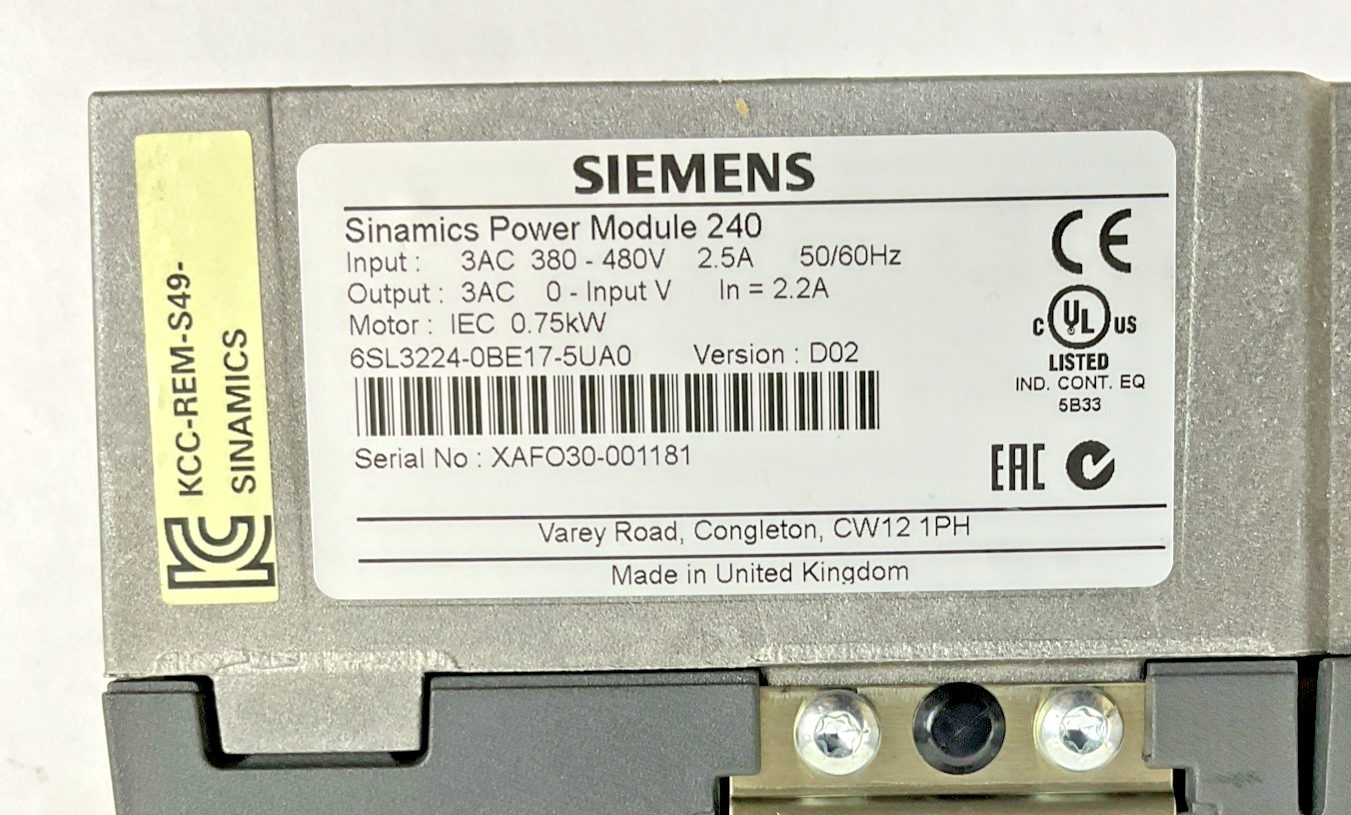 SIEMENS 6SL3224-0BE17-5UA0 SINAMICS POWER MODULE 240 480V 0.75KW VER.D02
