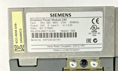 SIEMENS 6SL3224-0BE17-5UA0 SINAMICS POWER MODULE 240 480V 0.75KW VER.D02