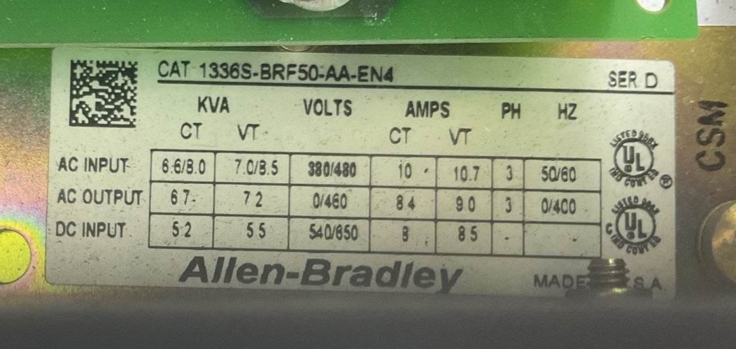 ALLEN BRADLEY 1336S-BRF50-AA-EN4 1336 PLUS SENSORLESS VECTOR DRIVE SER D